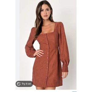 Lulus Rust Brown Corduroy Mini Dress Button Front Long Sleeve XXL BD10769EL